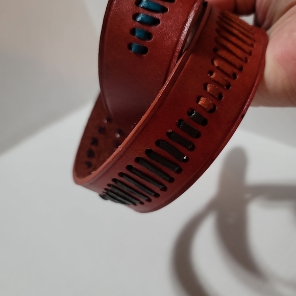 Vintage Leather Whipstitched Belt 30 Red Covered Buckle Western Boho - Picture 5 of 6